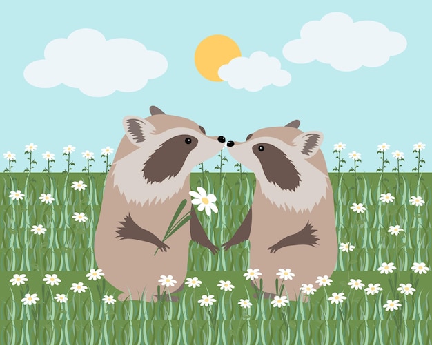 Cute raccoons in love in a meadow with daisies. Print for children, cartoon illustration, vector