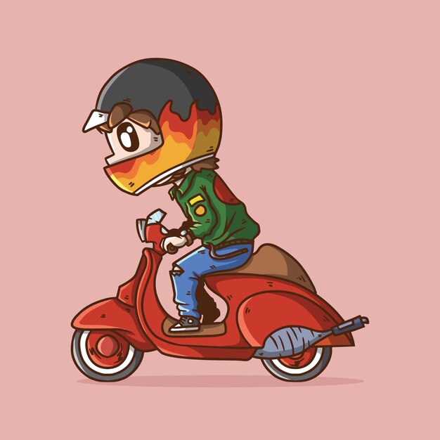 Cute Racer Cartoon Vector Illustration riding red Retro Vintage Classic Scooter