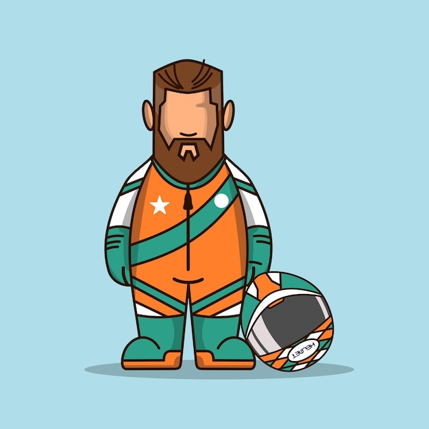 Cute racer man holding a helmet.