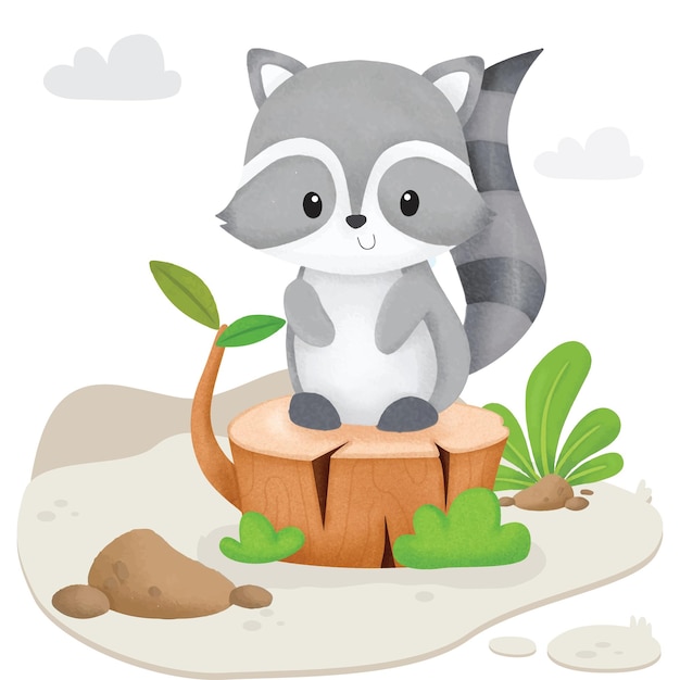 Vector cute racoon animal forset stand in wooden