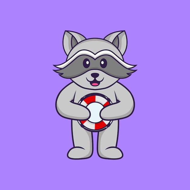 Vector cute racoon holding a buoy animal cartoon concept isolated