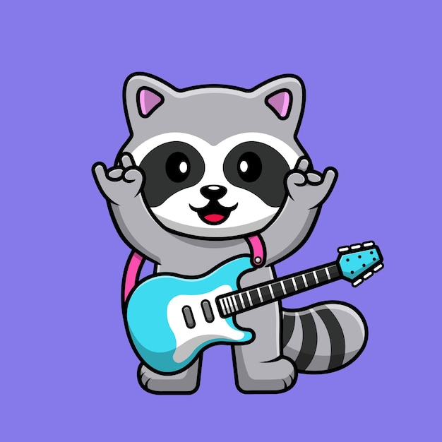 Cute racoon playing electric guitar cartoon vector icon illustration