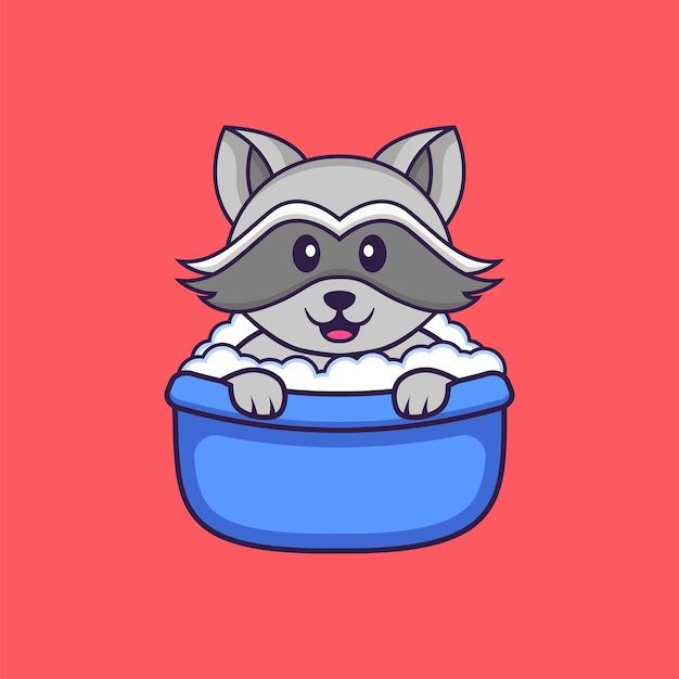 Cute racoon taking a bath in the bathtub. Animal cartoon concept isolated.  Flat Cartoon Style