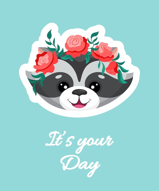 Cute Racoon with flower roses crown for nursery design birthday greeting cards baby shower flyers
