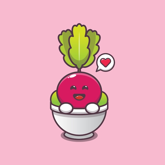 Cute radish in bowl cartoon illustration Vegetable cartoon vector illustration