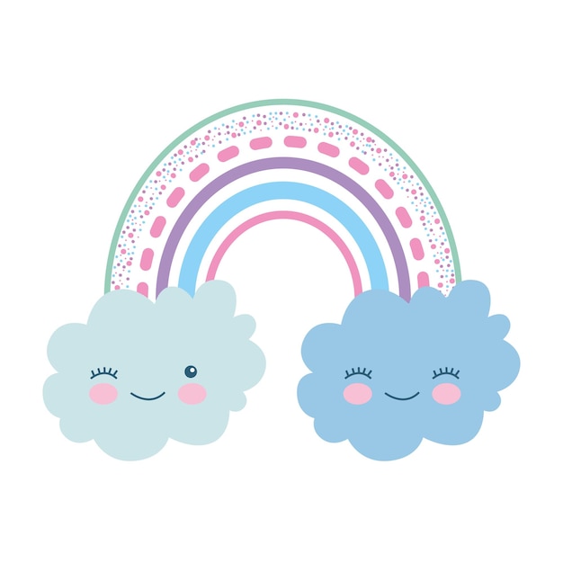 ベクトル かわいい虹と楽しい雲の顔ベクトル イラスト