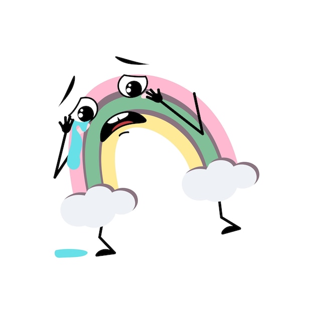 Cute rainbow character with crying and tears emotion sad face depressive eyes arms and legs Person with melancholy expression and pose Vector flat illustration