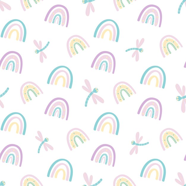 Cute rainbow and dragonfly seamless pattern.  Vector illustration