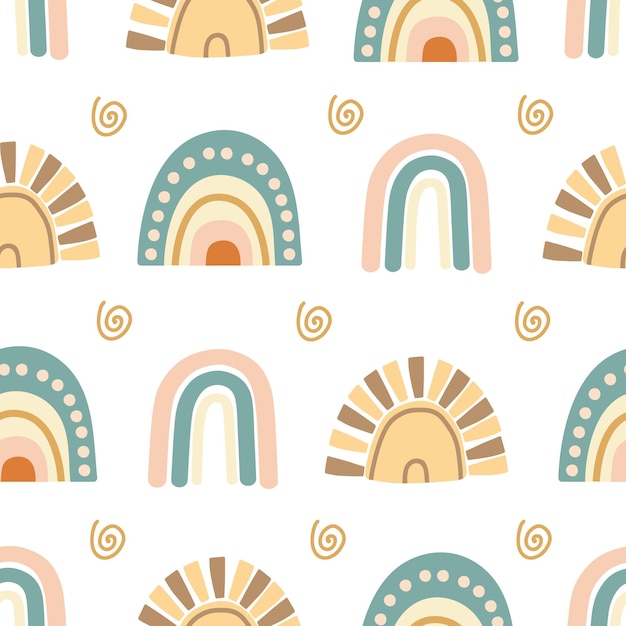 Vector cute rainbow hand drawn boho pattern on white background