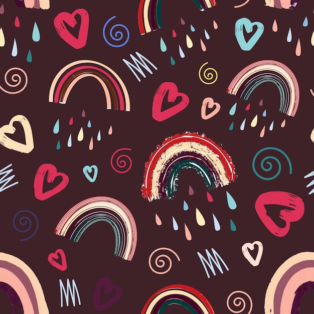 Cute rainbow and heart romantic seamless pattern. bright pattern for valentines day. illustration in a fashionable scandinavian style. vector illustration