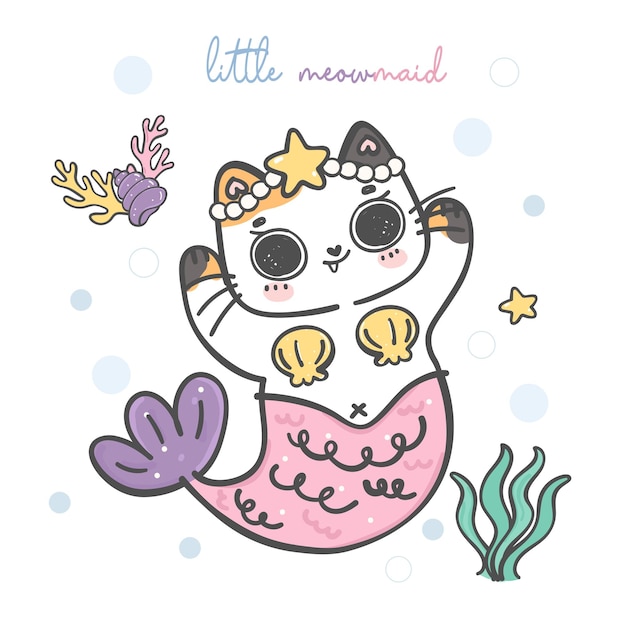 Cute rainbow mermaid kitten calico cat cartoon doodle animal hand drawing vector col little mermaid adorable pet line drawing