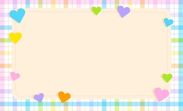 Cute rainbow pastel heart love caring plaid gingham pattern paper background frame border blank note