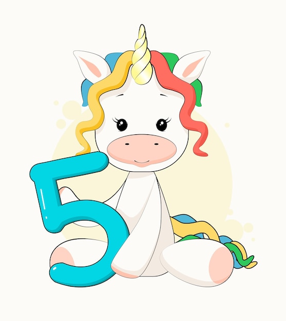 Vettore simpatico unicorno arcobaleno con in mano il numero 5 adesivo magico per il compleanno di cinque anni