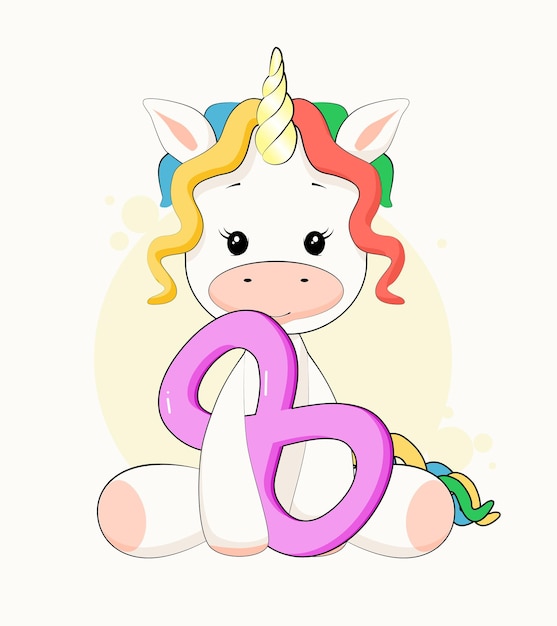 Simpatico unicorno arcobaleno con in mano il numero 8. adesivo magico per il compleanno di otto anni
