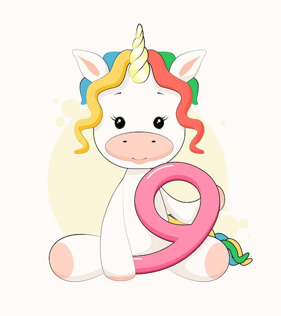 Cute Rainbow Unicorn holding number 9 Magical nine years old Birthday sticker