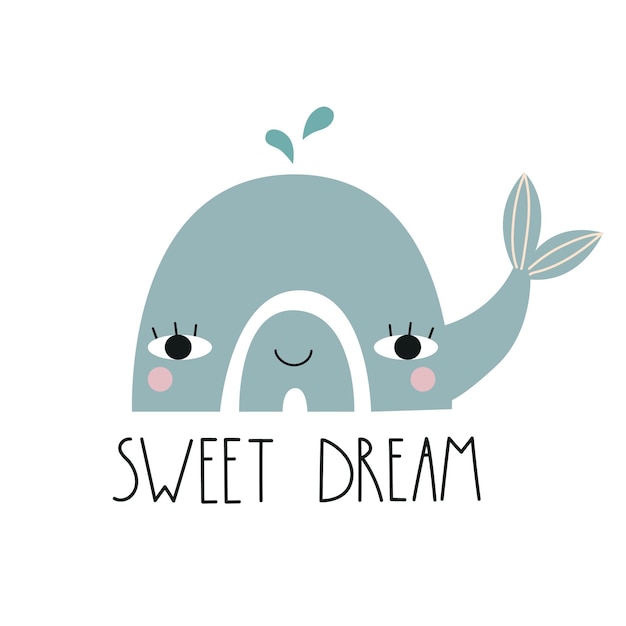 ベクトル クジラの顔と sweet dream のレタリングとかわいい虹。保育園アート。ベクトル図