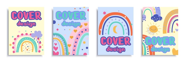 Cute rainbows cover brochure set in flat design Poster templates with hand drawn doodle arcs with hearts sun moon rainy clouds and colorful elements in scandinavian style Vector illustration