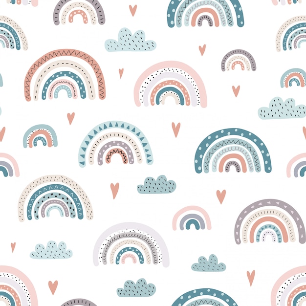 Cute rainbows and hearts seamless pattern.