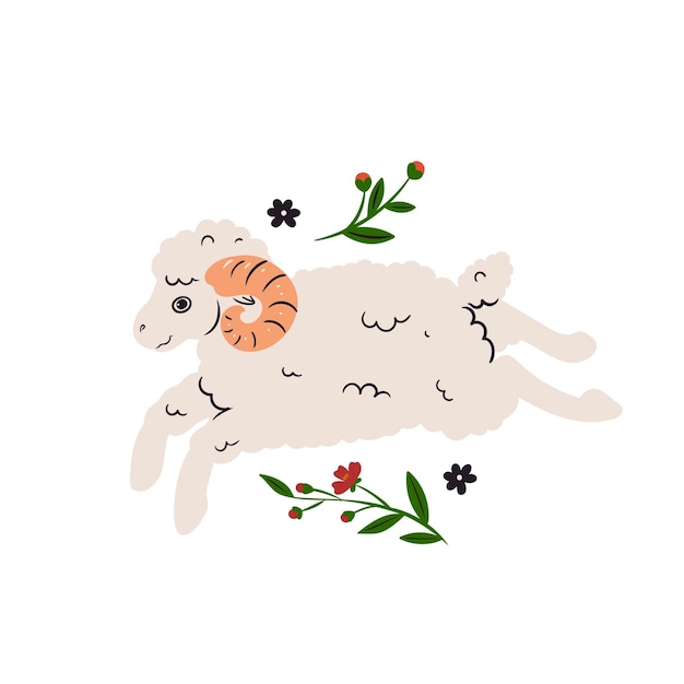 かわいい雄羊と花は白い背景で隔離ベクトルグラフィック