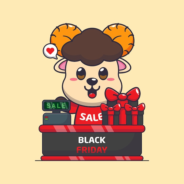 Vector cute ram sheep with cashier table in black friday sale cartoon vector illustration