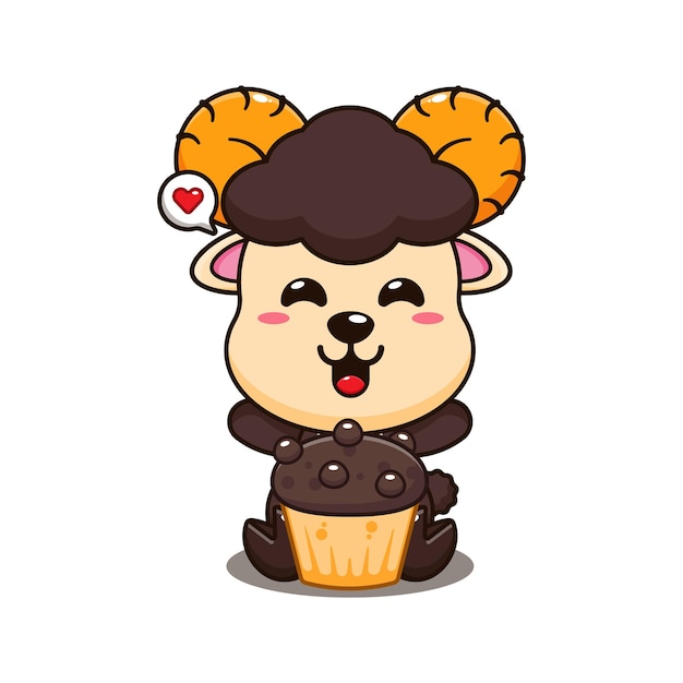 cute ram sheep with cup cake cartoon vector illustration