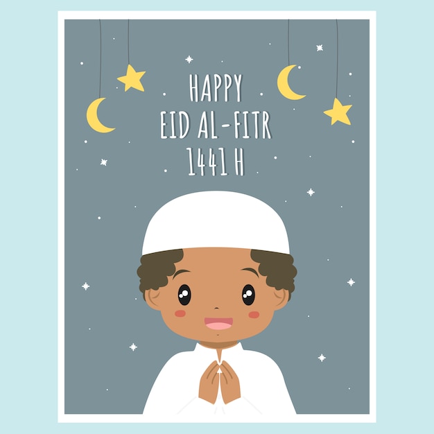 Cute Ramadan Eid al Fitr Card. Muslim African American boy Ramadan card vector