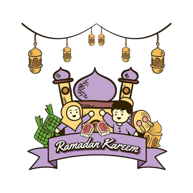 Симпатичный фон рамадан карим с мечетью, мусульманским детским фонарем и т. Д.