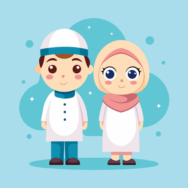 Vector cute ramadhan woman and man chibi pastel colors 1