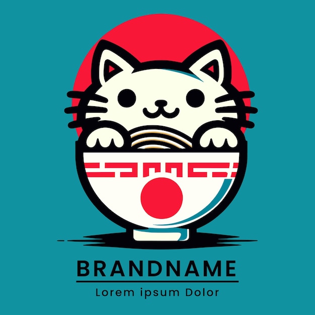 Carino design del logo del gatto ramen con il gatto in ciotola in stile giapponese