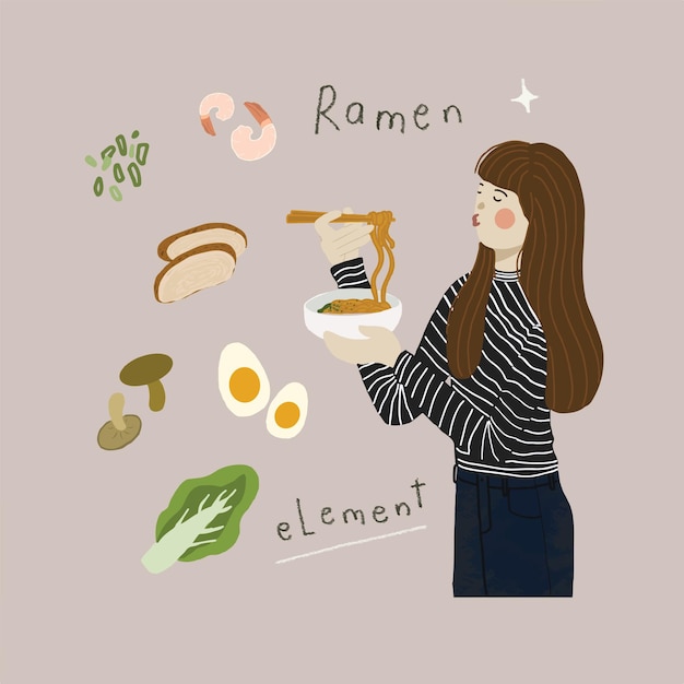 cute ramen noodle element with a girl illustration hand drawn