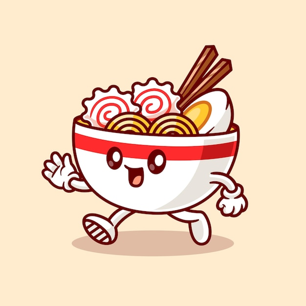 Vector cute ramen noodle running cartoon vector icon illustration object food icon isolated flat vector