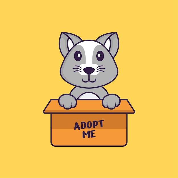 Cute rat in box with a poster Adopt me. Animal cartoon concept isolated. Flat Cartoon Style