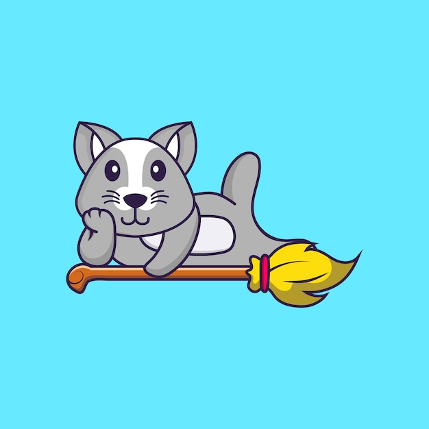 Cute rat lying on Magic Broom Animal cartoon concept isolated Flat Cartoon Style