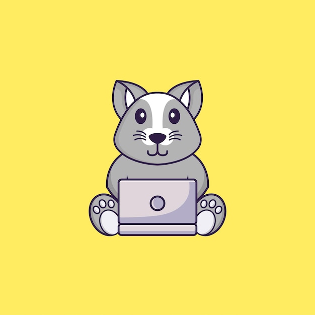 Cute rat using laptop. Animal cartoon concept isolated.