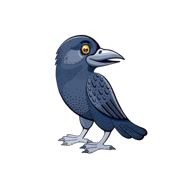 Cute raven bird. Cartoon crow baby with sweet smile.