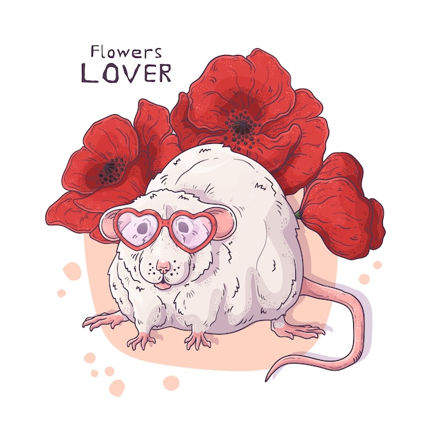 Cute realistic rat with flowers.