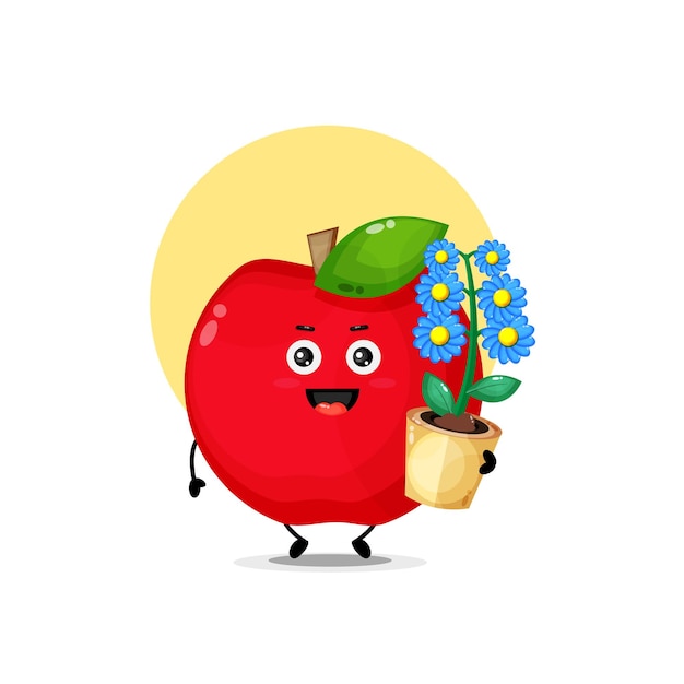 Cute red apple character carrying flowers