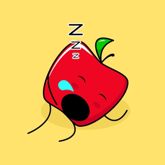Vector cute red apple character with sleep expression and mouth open. green and red