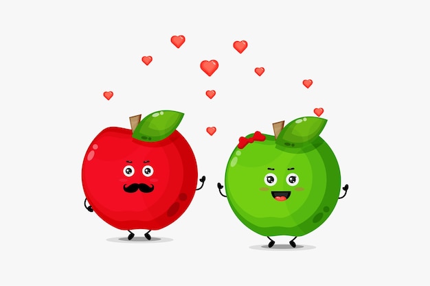 かわいい赤いリンゴ緑のリンゴのキャラクターが恋に落ちる