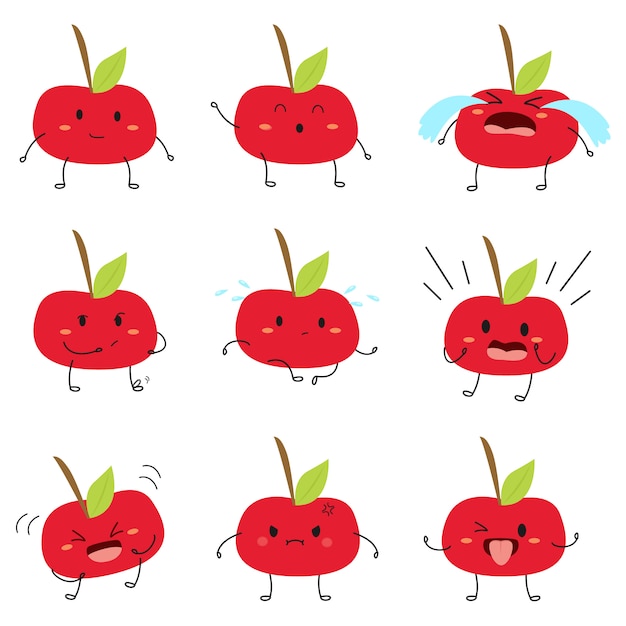 Cute red apples cartoon character with funny expressions set