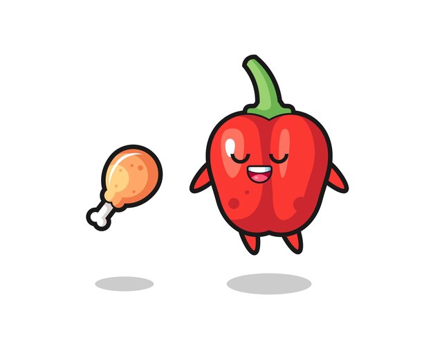 Cute red bell pepper floating and tempted because of fried chicken , cute style design for t shirt, sticker, logo element