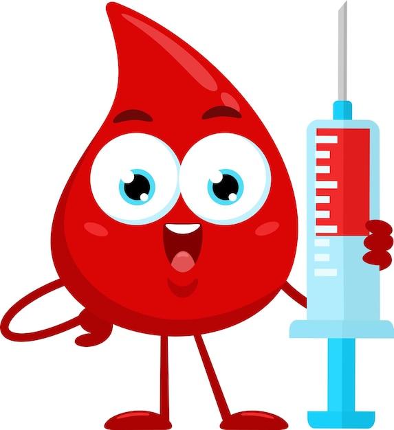 Vector cute red blood drop cartoon character holding a syringe vector illustration flat design