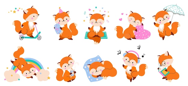 Vector cute red cartoon fox mascot autumn foxes forest wildlife animals isolated foxy sleep jump with umbrella drink coffee funny nowaday vector graphic