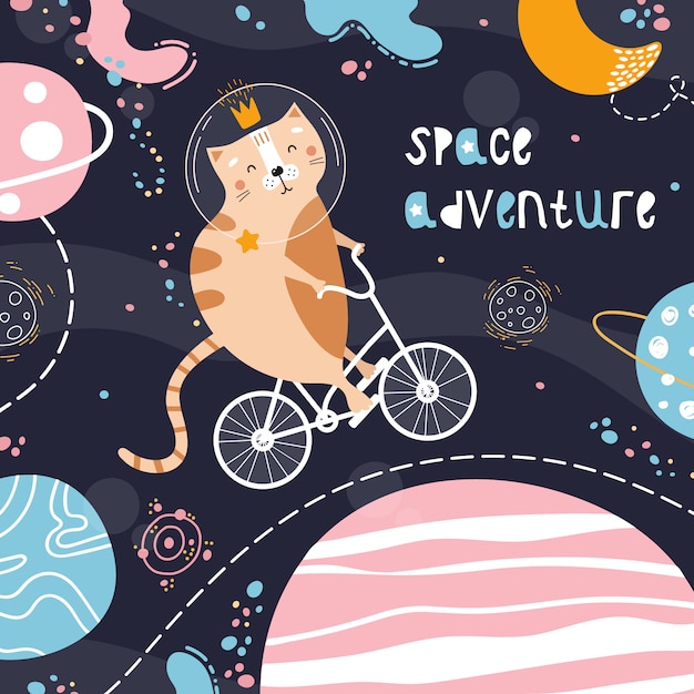 Cute red cat on a bicycle in space