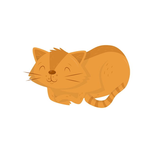 Cute red cat lying on floor kitten with happy muzzle and striped tail flat vector element for poster or postcard