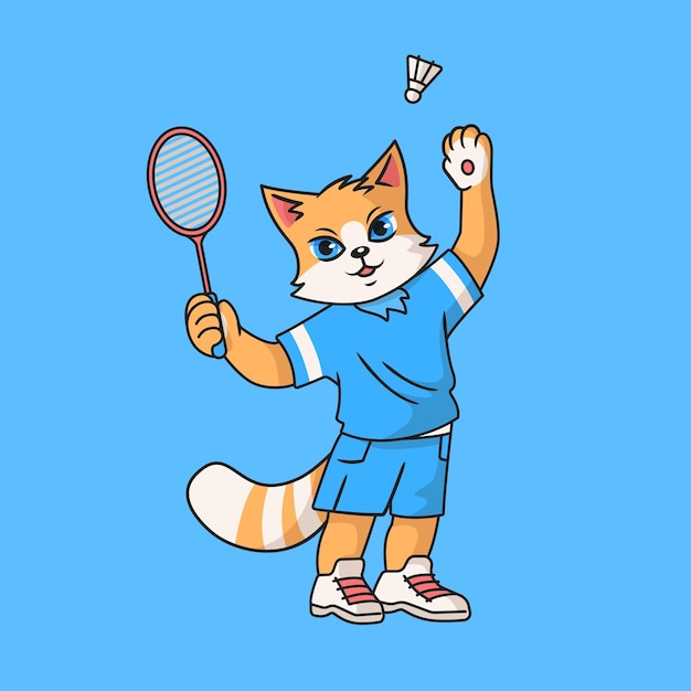 Cute red cat in sports uniform playing badminton