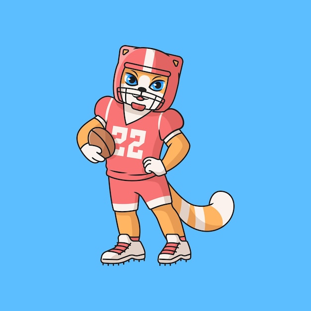 ボールとアメリカン フットボールの制服を着たかわいい赤猫