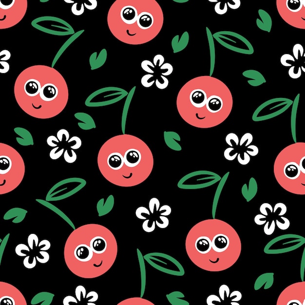 Cute red cherry berry seamless pattern fabric textile print on black background