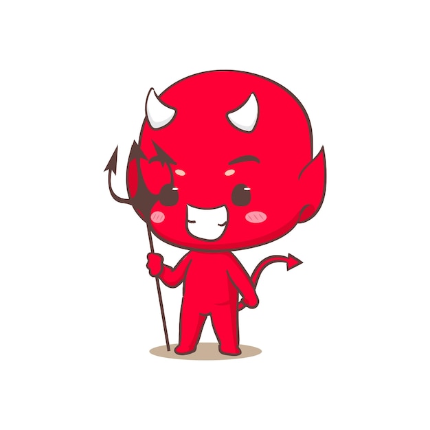 벡터 삼지창을 들고 있는 귀여운 붉은 악마 만화 캐릭터 할로윈과 괴물 컨셉 디자인