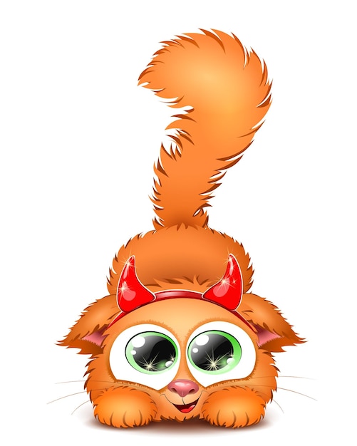 Cute red fluffy playful cartoon cat with red devil horns headband.